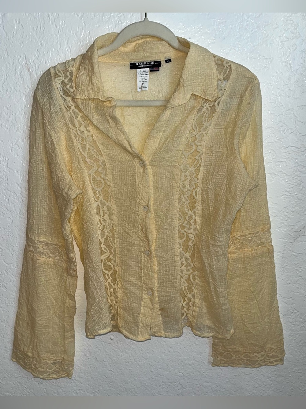 Vintage rampage 90s y2k cream lace flare sleeve button up blouse size XL
